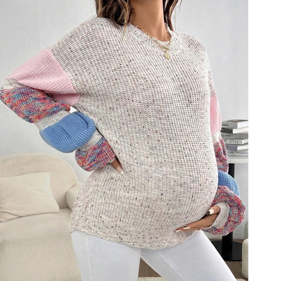 Maternity Color Block Speckled Crew Neck Sweater Top - Picture 1 of 5